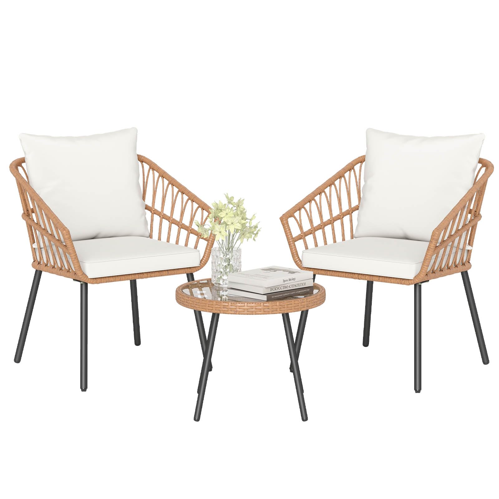 Tangkula 3 Piece Patio Bistro Set with Round Glass Table & Soft Cushions